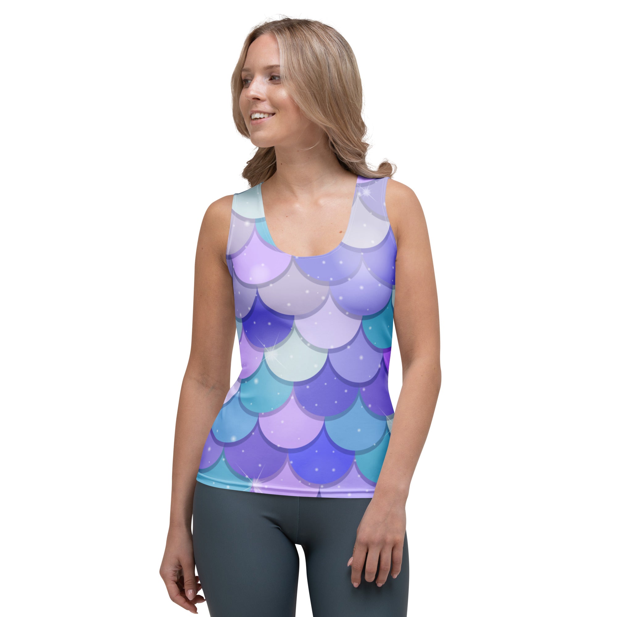 Women’s purple mermaid scale tank top with vibrant gradient, starry details, buttery soft quick drying fabric, UPF 50+