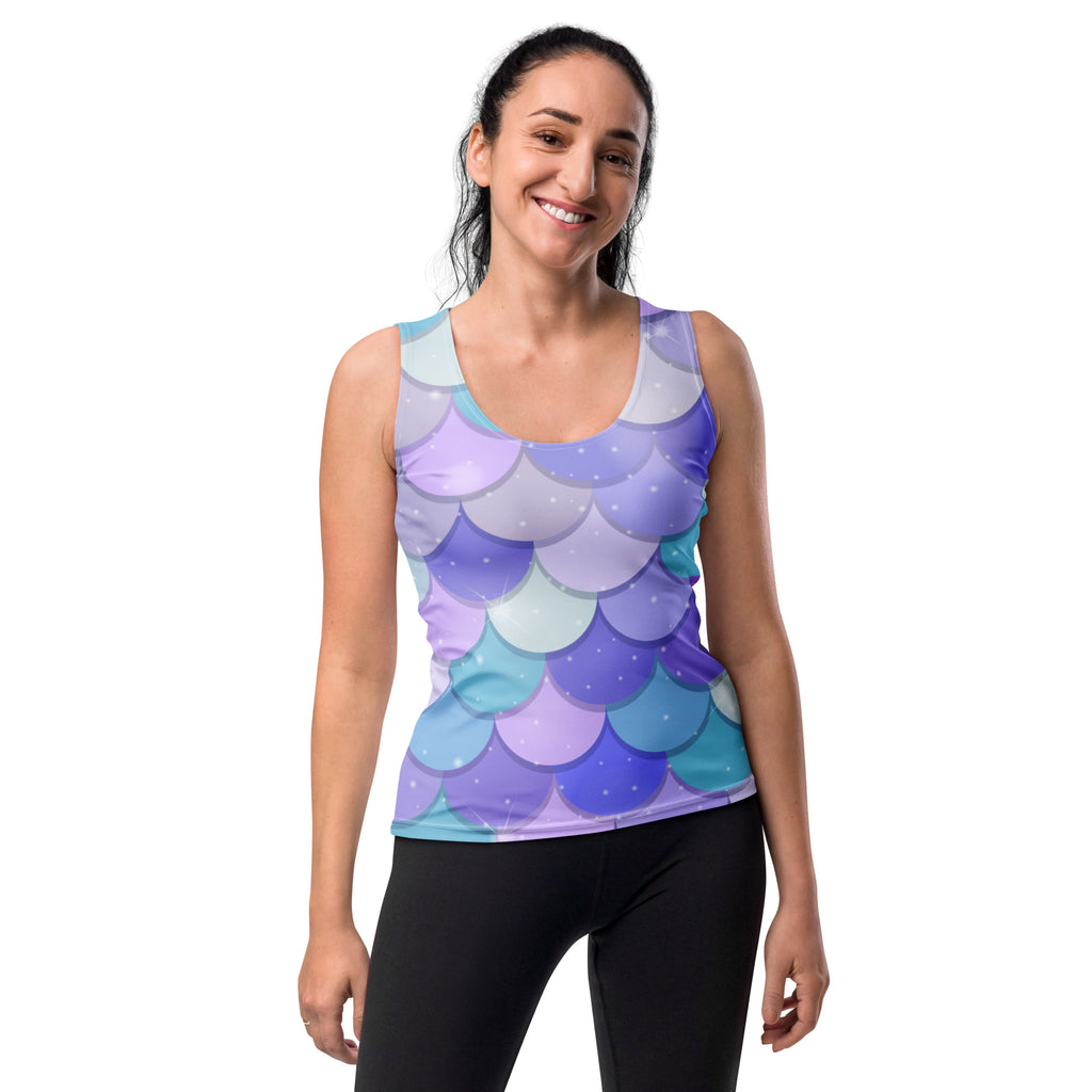 Women’s purple mermaid scale sleeveless tank top with vibrant gradient, star-like dots, quick drying buttery soft fabric and UPF 50+