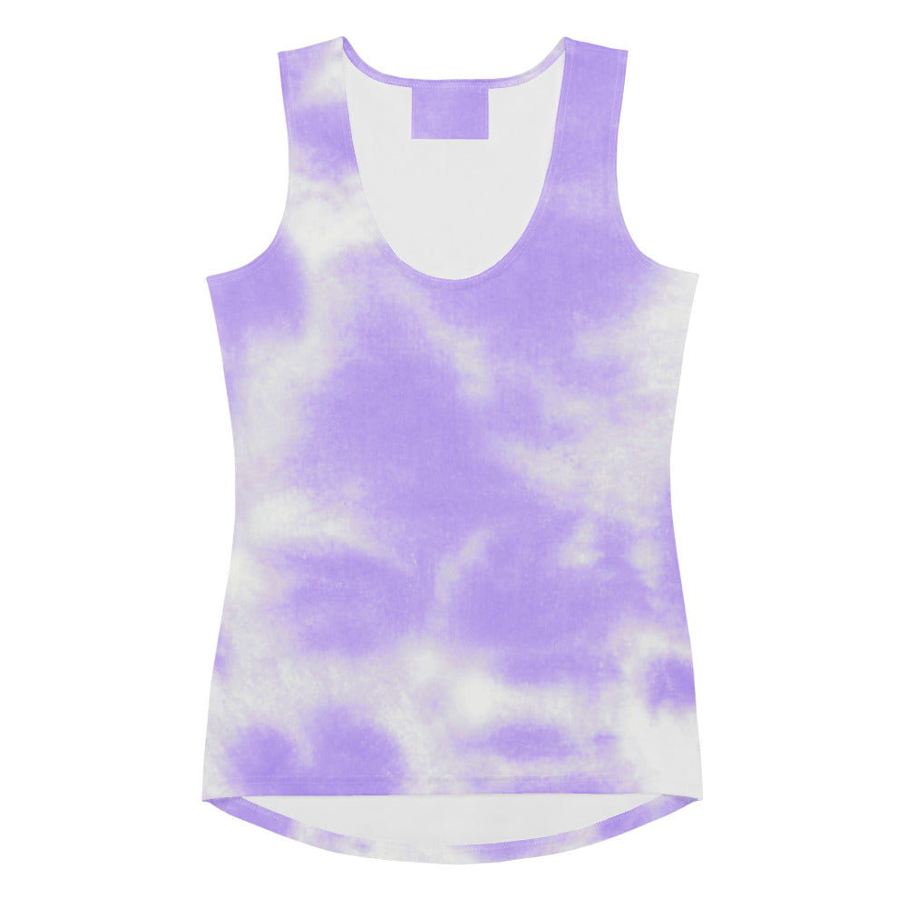 Women’s purple tie dye tank top with scoop neckline made of quick drying buttery soft fabric with UPF 50+ protection