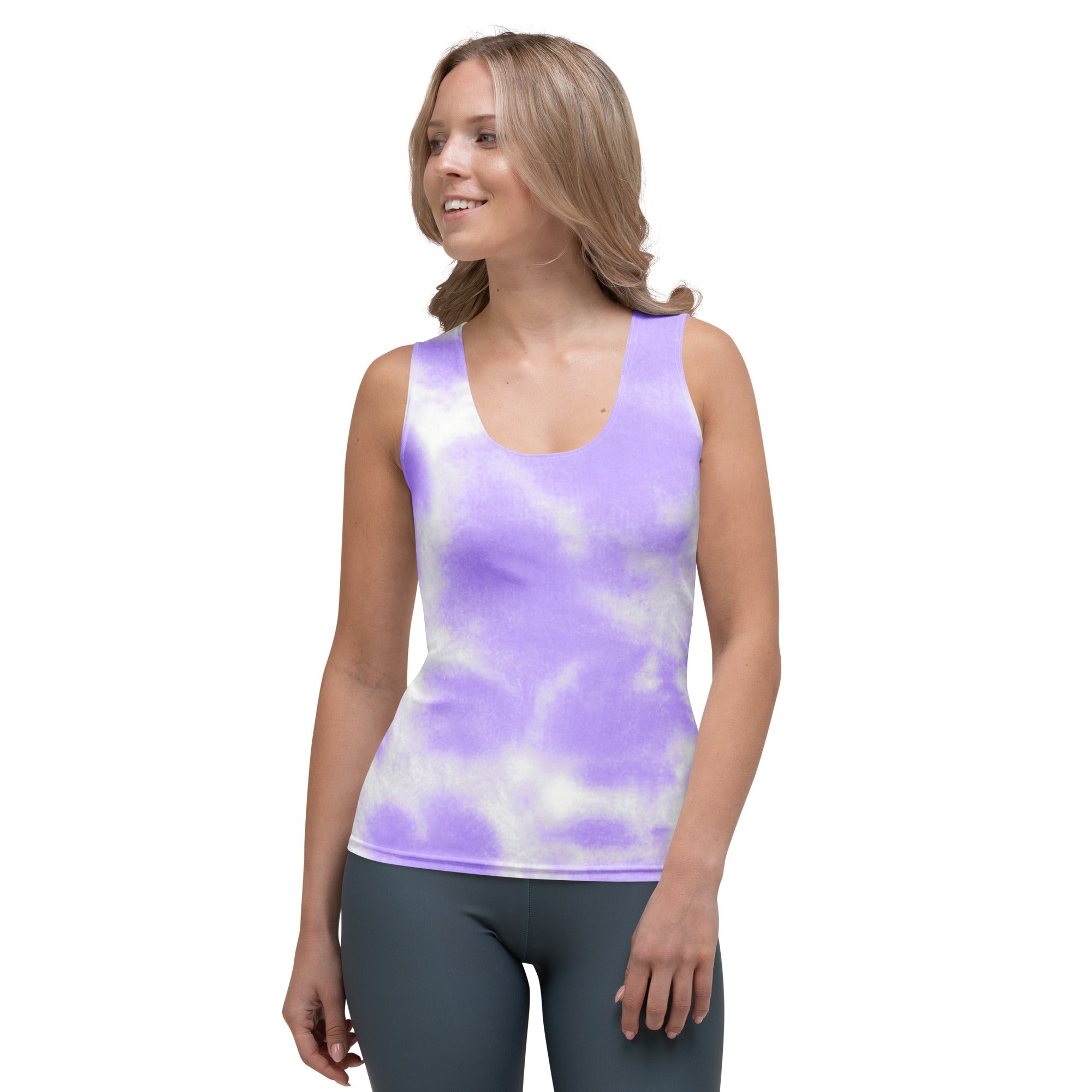 A lavender and white tie dye sleeveless tank top with scoop neckline made of quick drying buttery soft fabric with UPF 50+