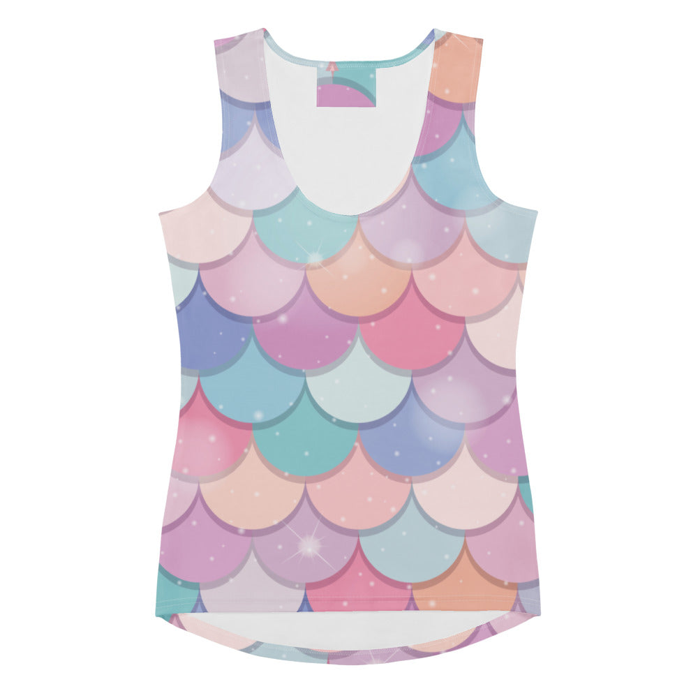 Women’s rainbow mermaid tank top with pastel iridescent scale pattern white lining quick drying buttery soft fabric upf 50+