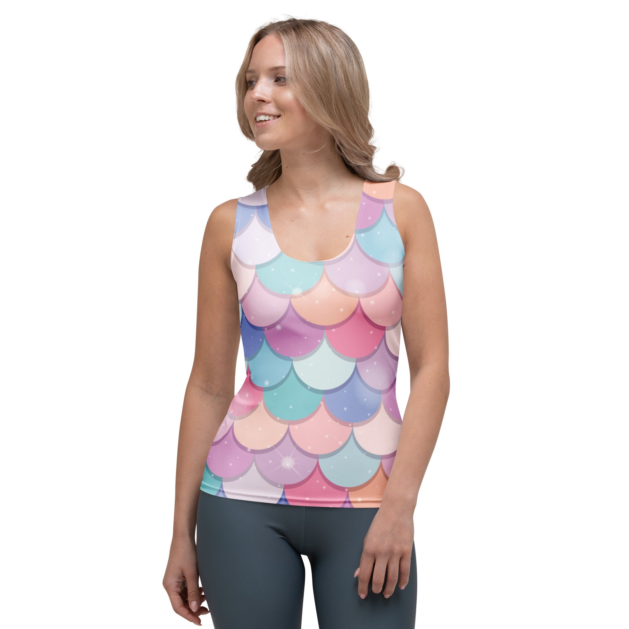 Women’s rainbow mermaid tank top with vibrant pastel iridescent scales quick drying buttery soft fabric upf 50+