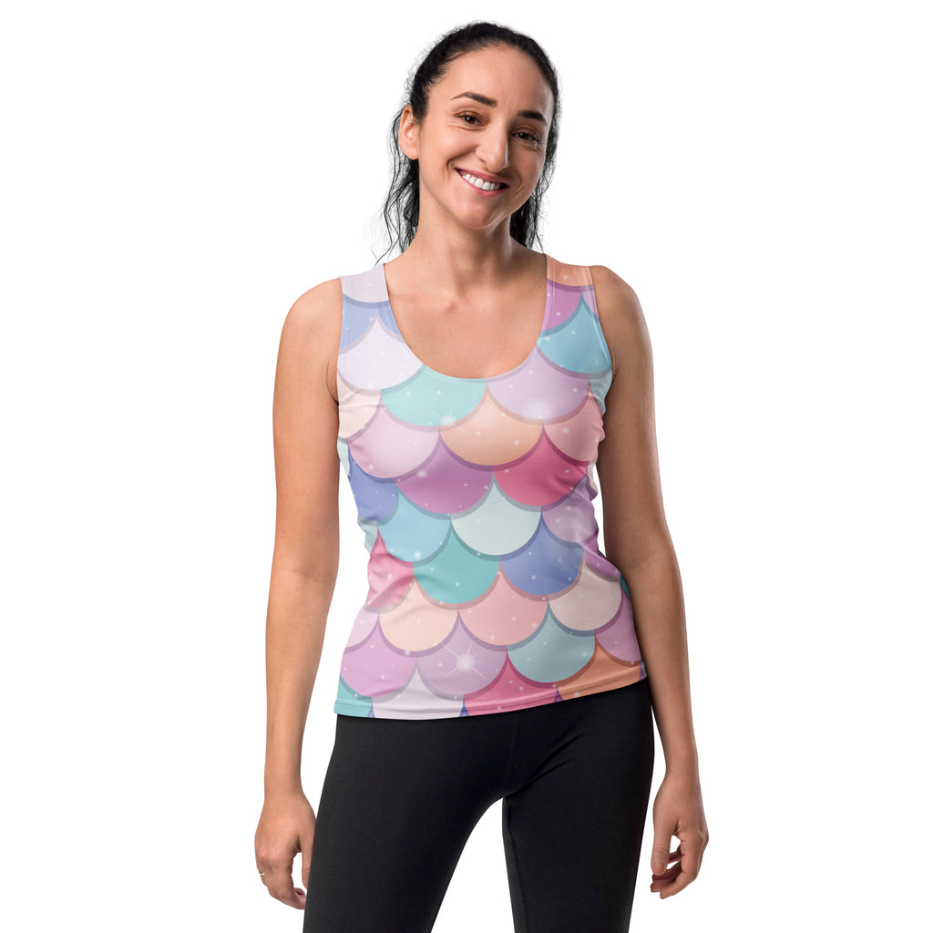 Women’s rainbow mermaid tank top with pastel mermaid-scale print quick drying buttery soft fabric upf 50+