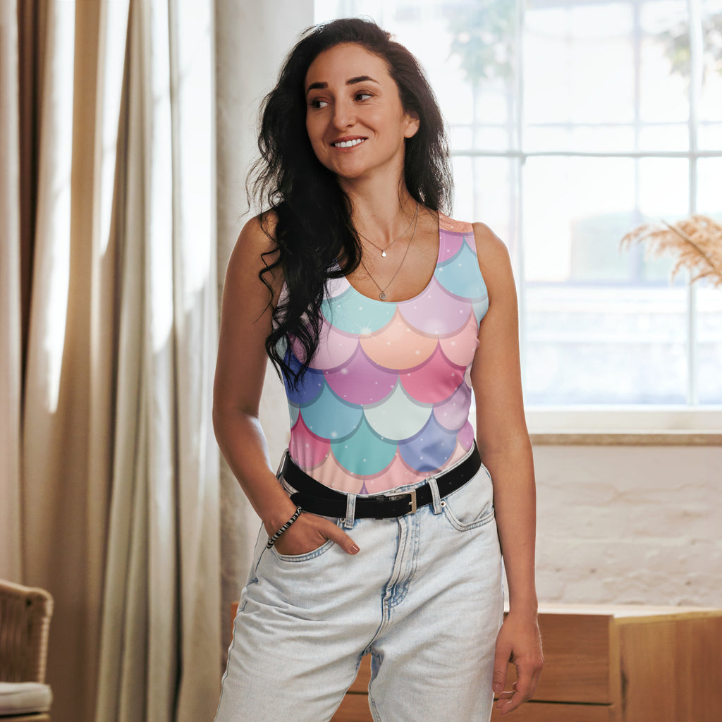 Women’s pastel-colored rainbow mermaid tank top with quick drying buttery soft fabric and upf 50 plus protection