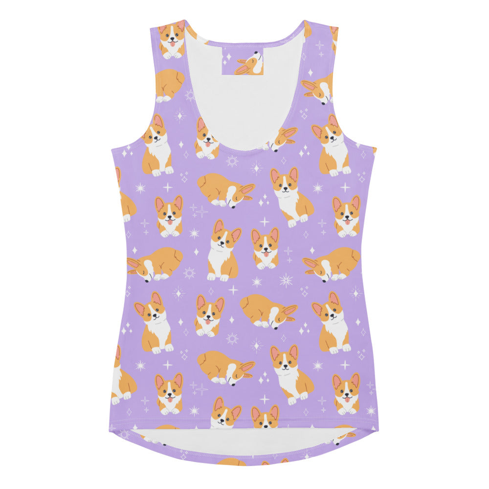 Lavender tank top with playful cartoon corgis and stars print made of quick drying buttery soft fabric with upf 50+