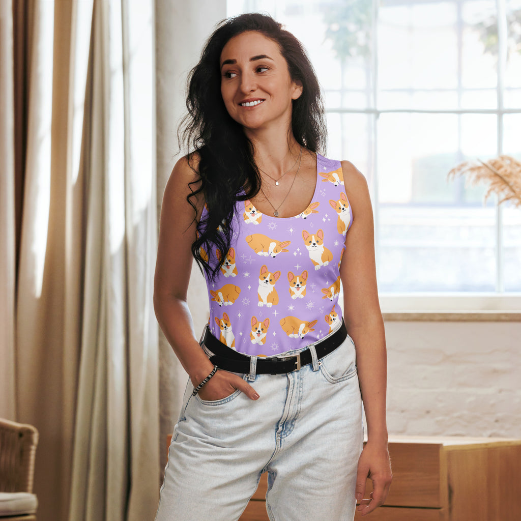 Women’s purple corgi dog tank top with quick drying buttery soft fabric and upf 50 plus featuring orange and white corgis