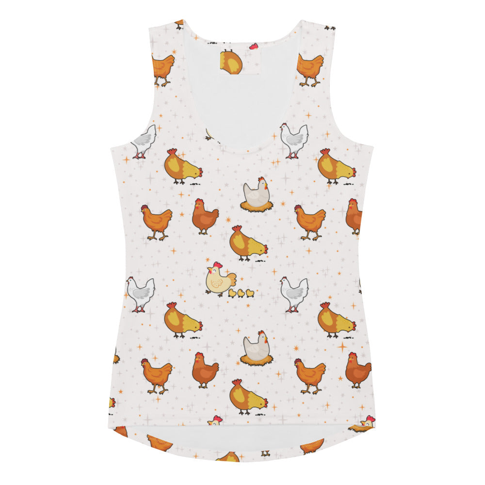 White sleeveless women’s chicken tank top with playful orange and yellow cartoon pattern buttery soft fabric upf 50+