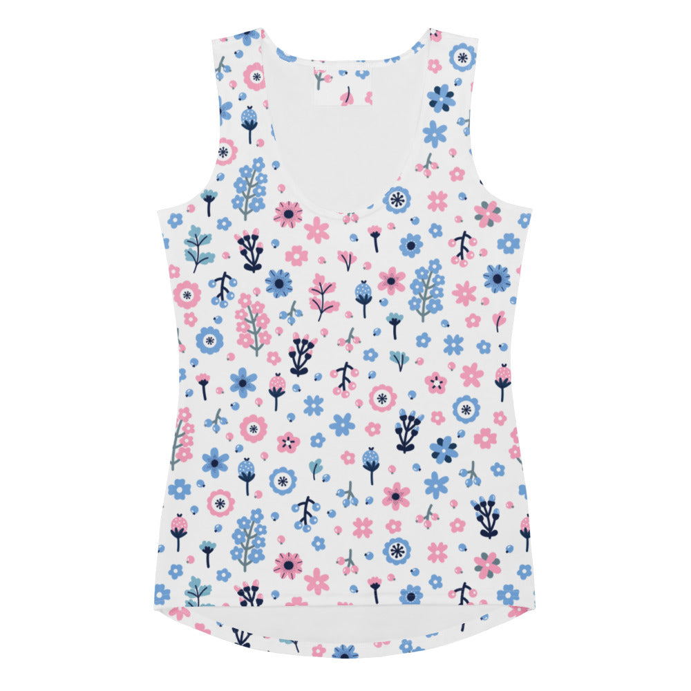 Women’s white sleeveless tank top with pink and blue floral pattern made of quick drying buttery soft fabric with UPF 50+