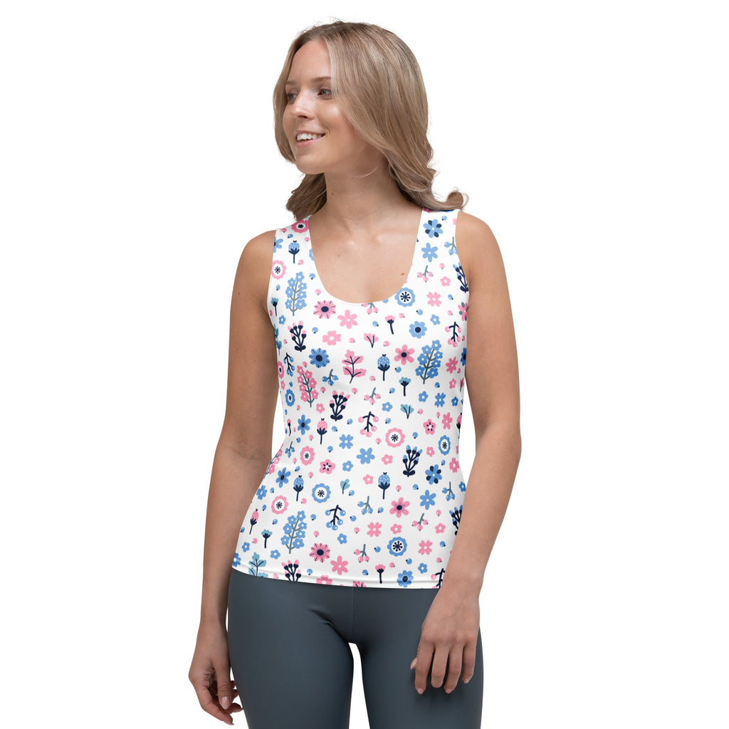 White tank top with playful pink and blue floral pattern made of quick drying buttery soft fabric with upf 50 plus