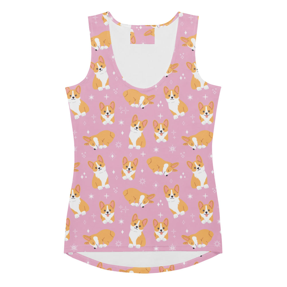 Women’s pink corgi dog tank top with playful cartoon corgis print quick drying buttery soft fabric upf 50+