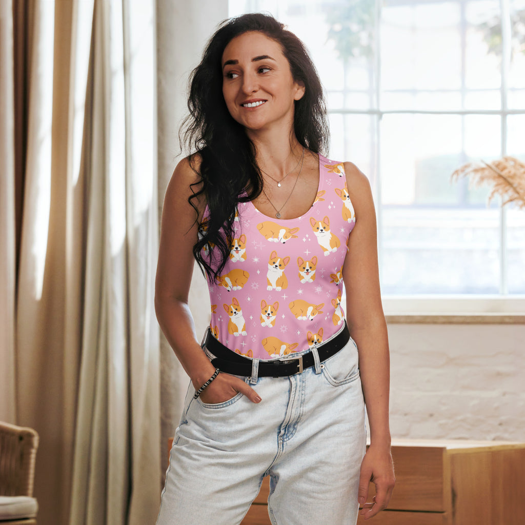 Women’s pink corgi dog tank top with quick drying buttery soft fabric and upf 50 plus featuring corgi and star pattern