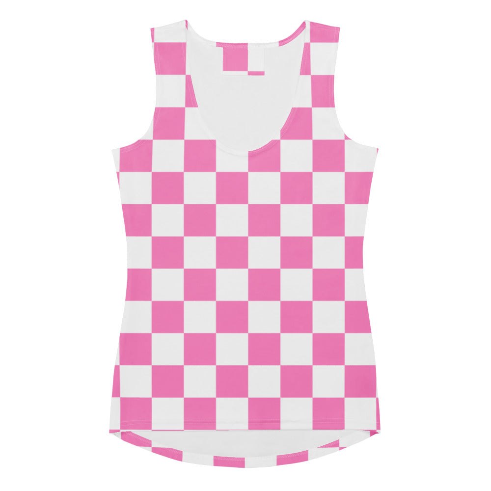 Women’s pink and white checkered sleeveless tank top with scoop neckline quick drying buttery soft fabric upf 50+