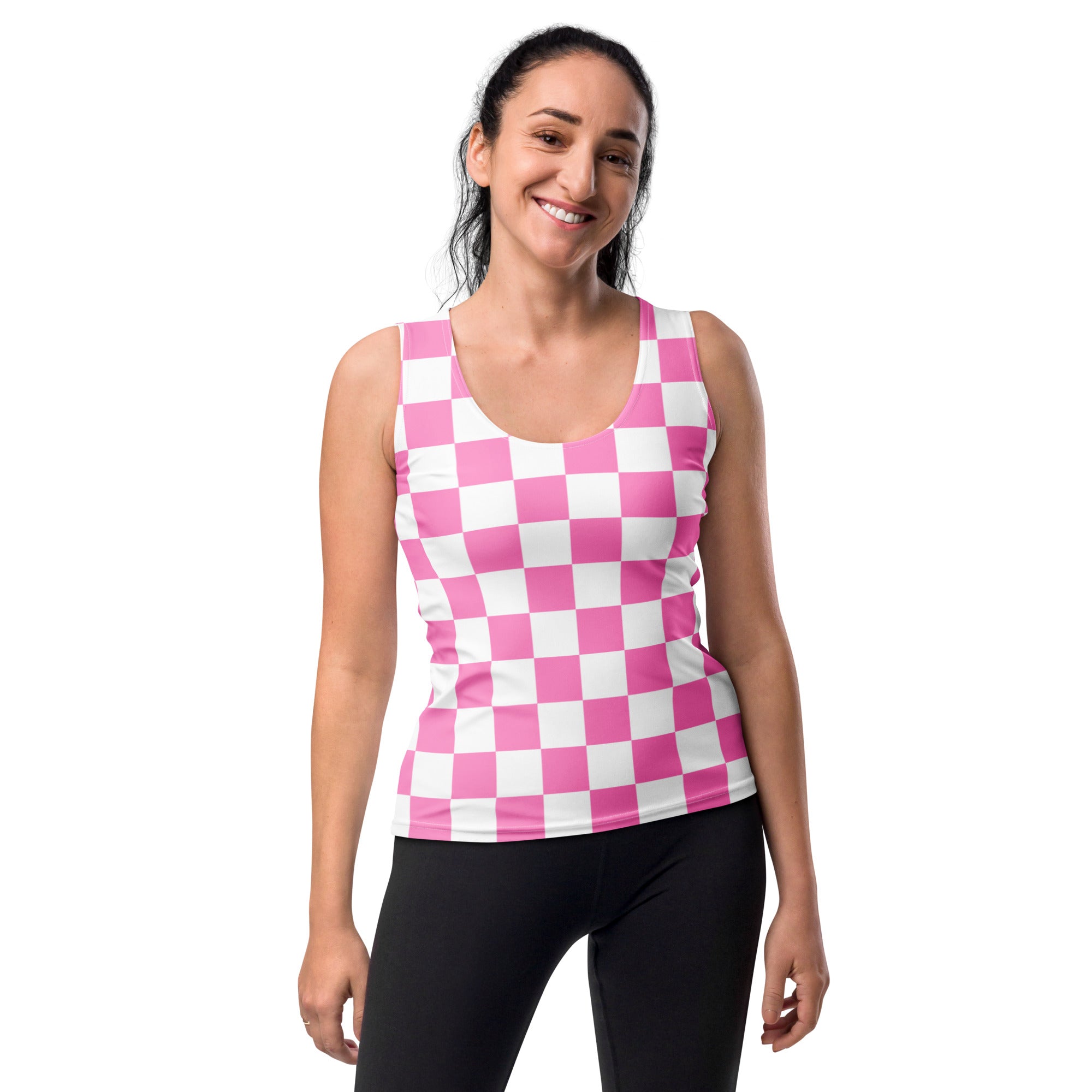 Women’s pink and white checkered tank top with quick drying buttery soft fabric and upf 50 plus for sun protection