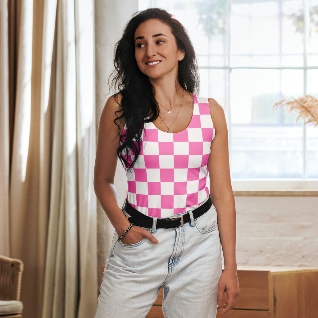 Women’s pink and white checkered tank top made of quick drying buttery soft fabric with upf 50 plus protection