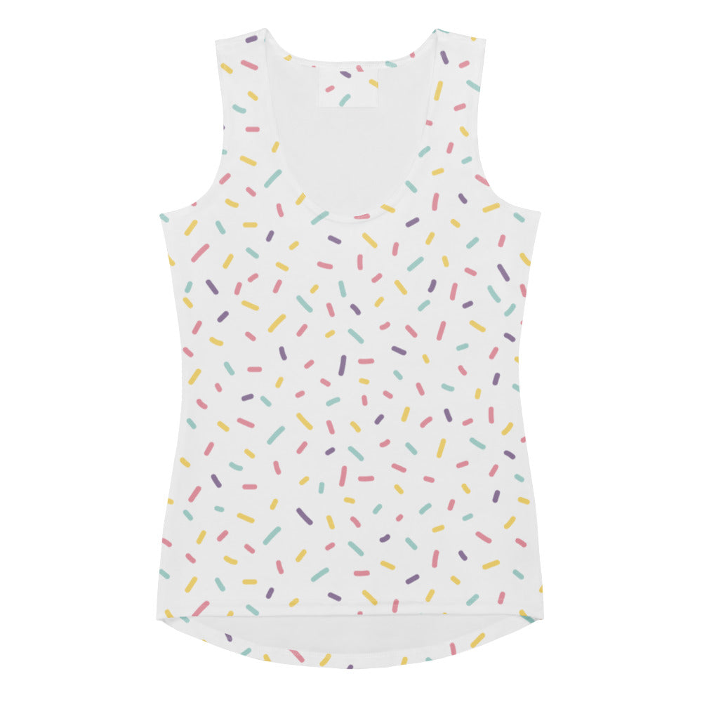Women’s white sleeveless tank top with pastel multicolored sprinkle pattern quick drying buttery soft fabric upf 50+