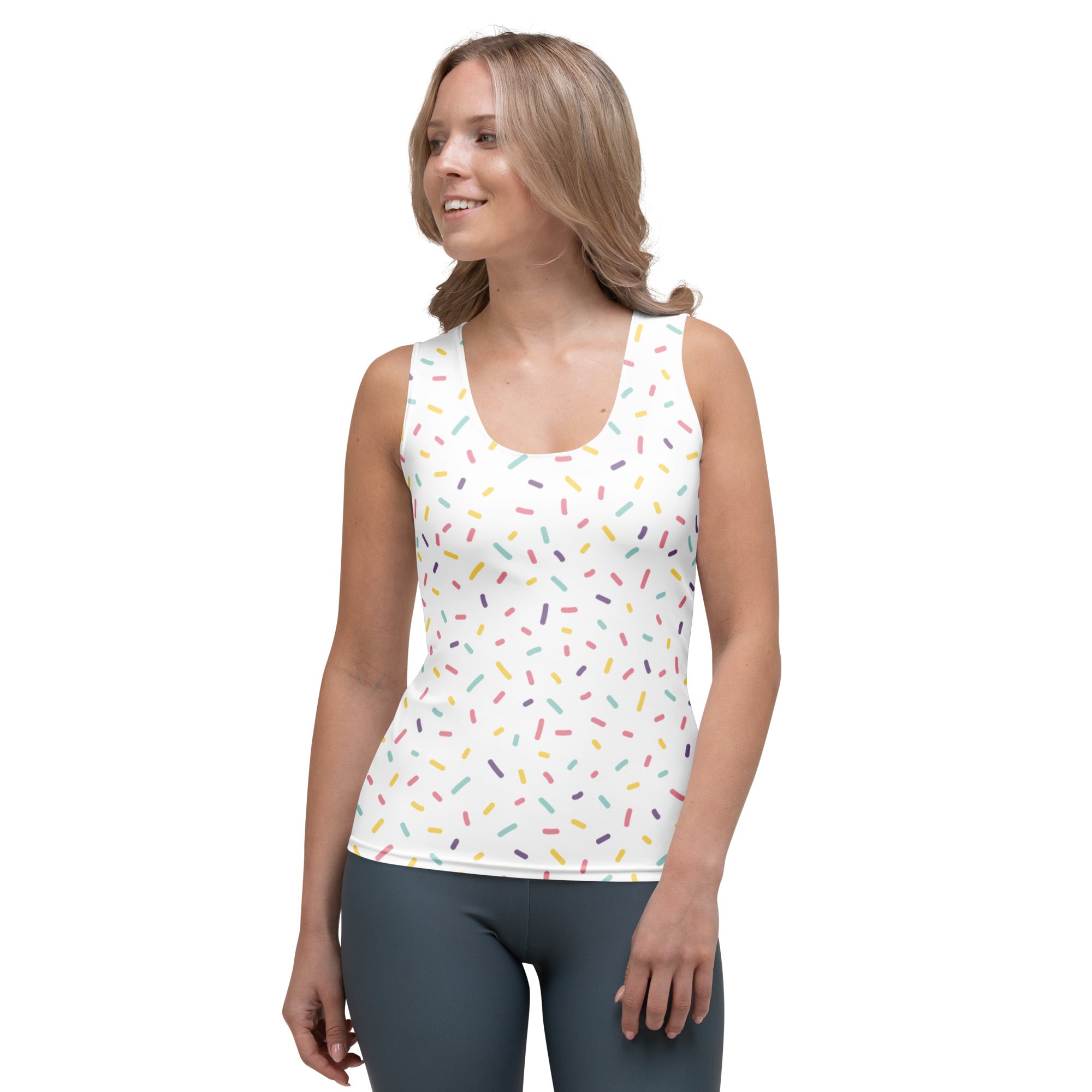 White tank top with playful multicolored sprinkles in quick drying buttery soft fabric with UPF 50 plus protection