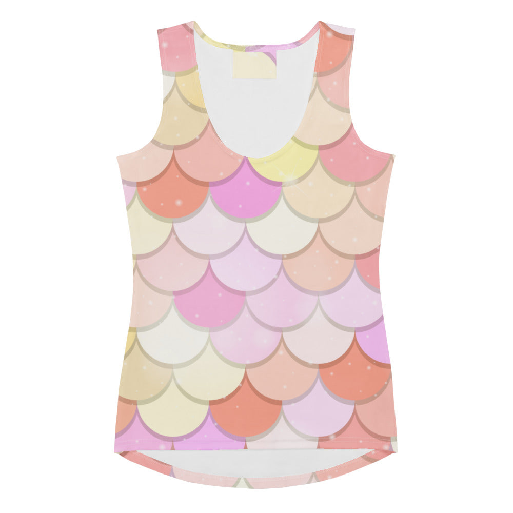 Women’s pink mermaid scale tank top with quick drying buttery soft fabric in pastel pink peach and lavender colors