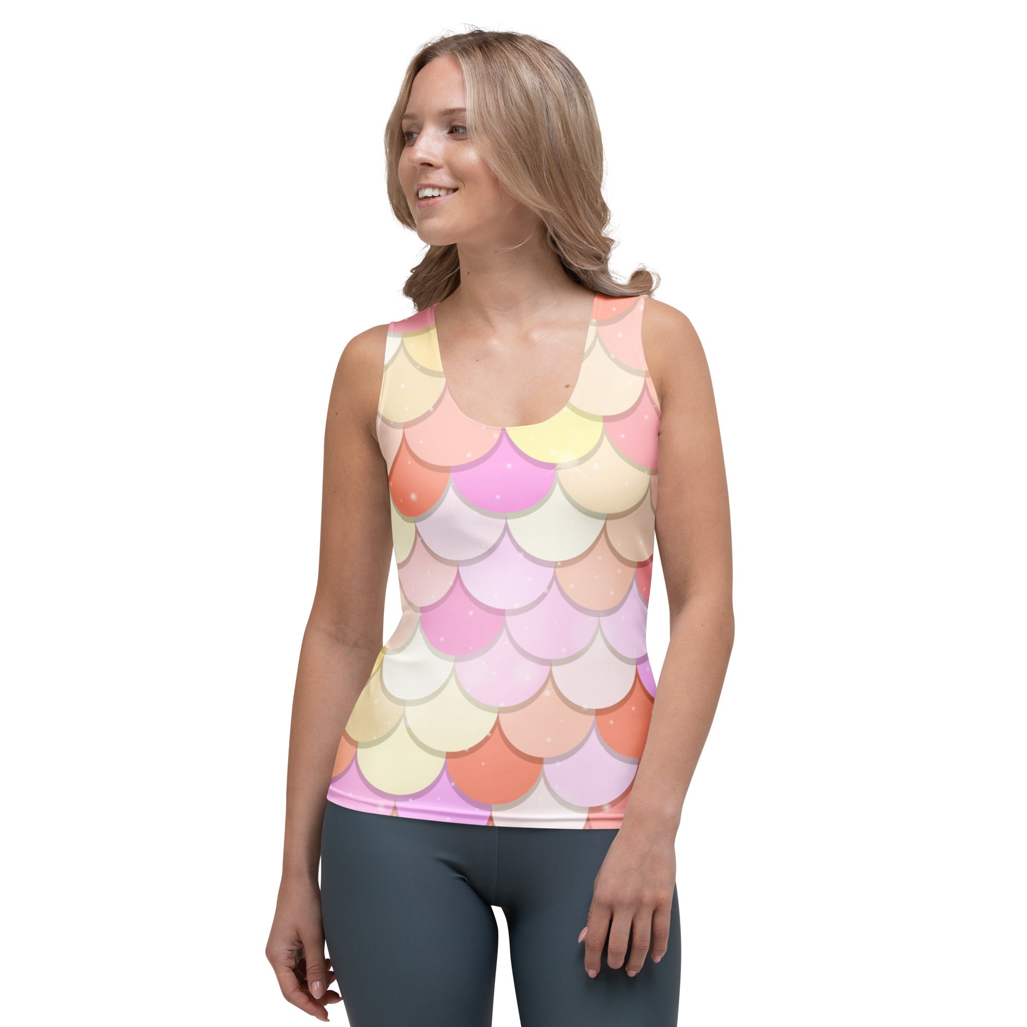 Women’s pink mermaid scale tank top with vibrant pastel pattern quick drying buttery soft fabric upf 50 plus