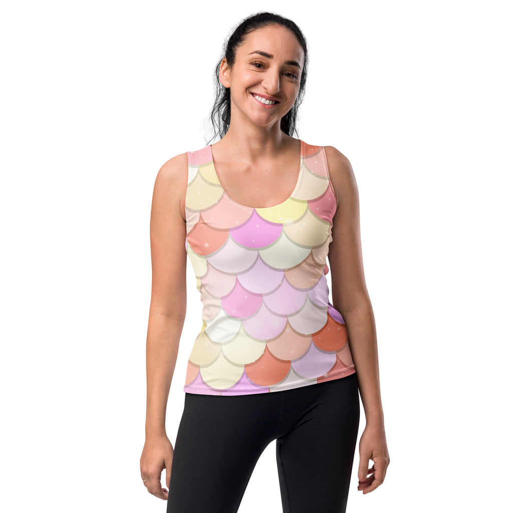 Women’s pink mermaid scale tank top with pastel colors quick drying buttery soft fabric and upf 50 plus protection