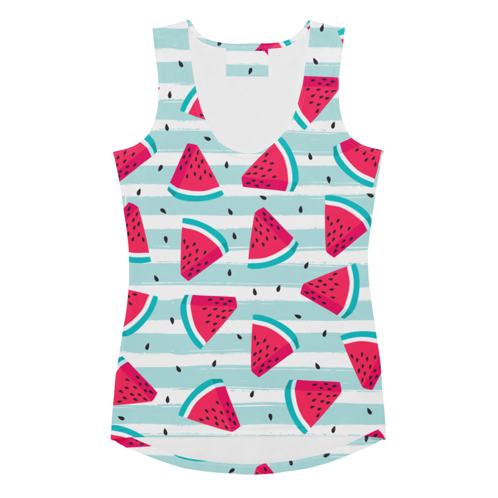 Women’s striped watermelon tank top with playful pink and teal slices on light blue quick drying buttery soft fabric with UPF 50+