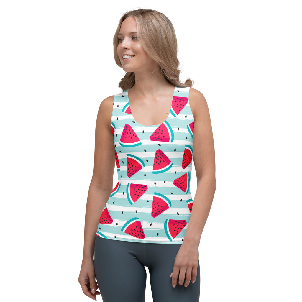 Women’s striped watermelon tank top with red print on light blue white stripes quick drying buttery fabric upf 50+