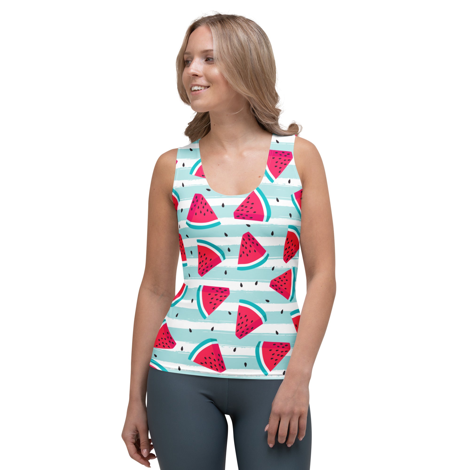 Women’s striped watermelon tank top with red print on light blue white stripes quick drying buttery fabric upf 50+
