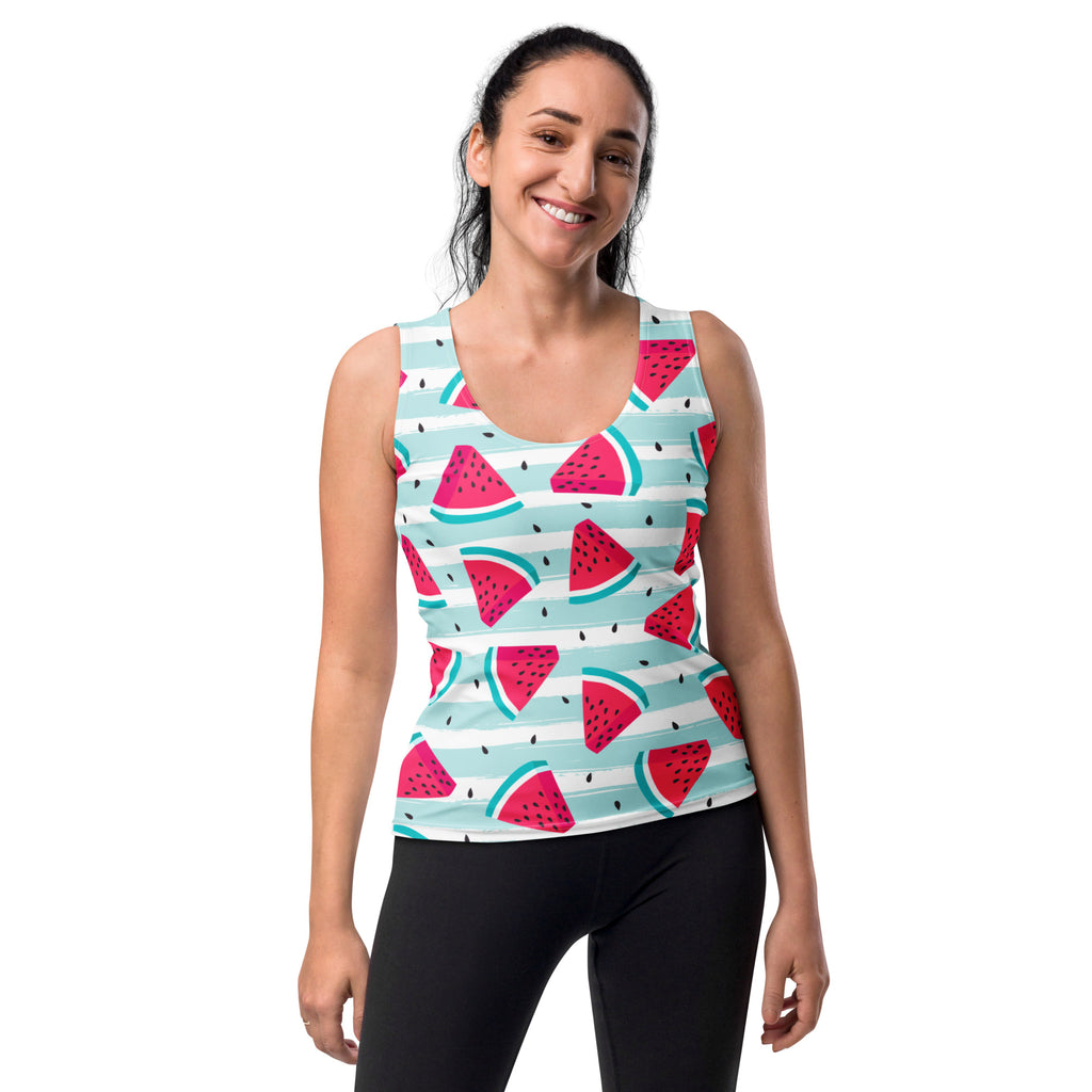Women’s striped watermelon tank top with teal white stripes quick drying buttery soft fabric upf 50 plus