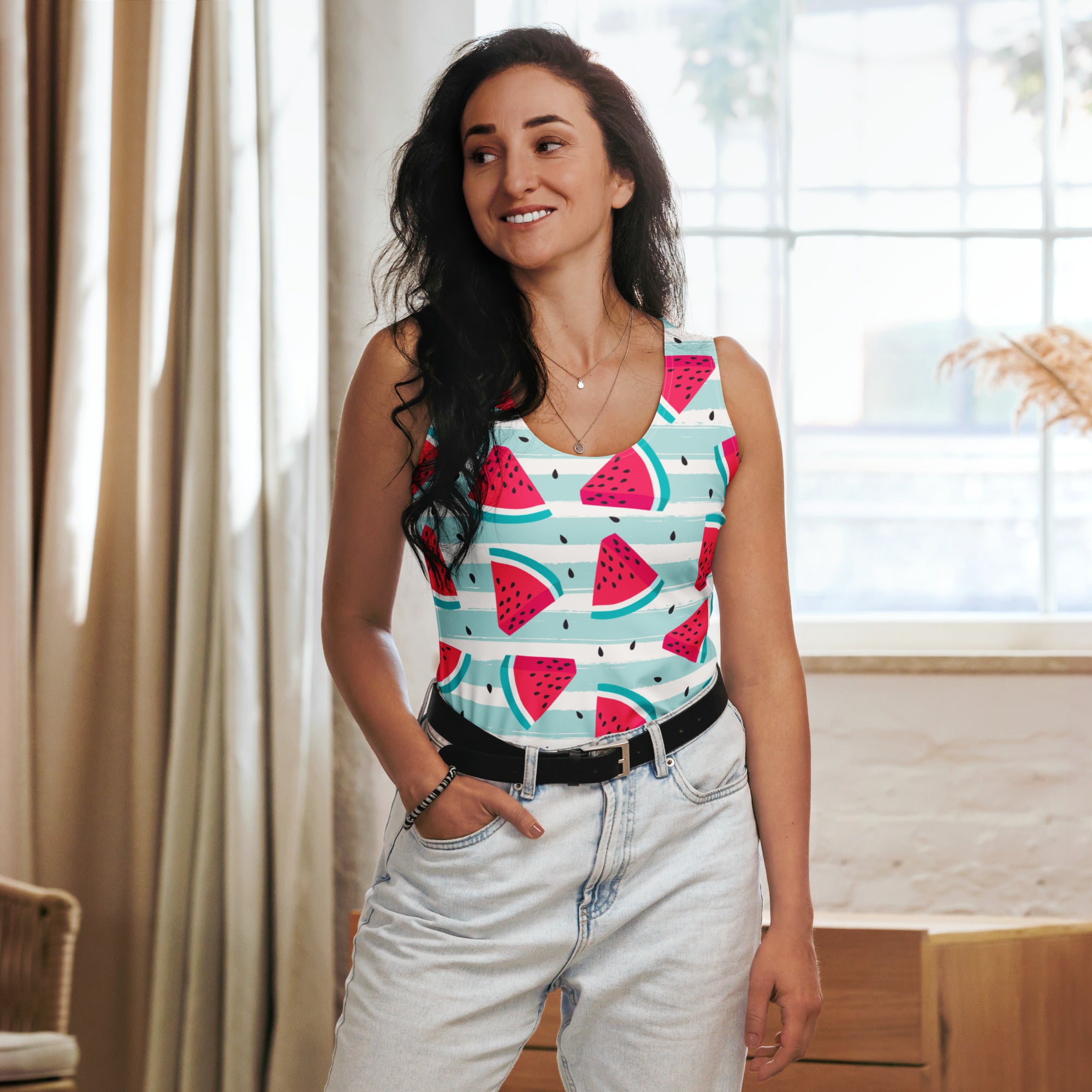 Women’s striped watermelon tank top in teal and white with quick drying soft fabric and upf 50 plus protection