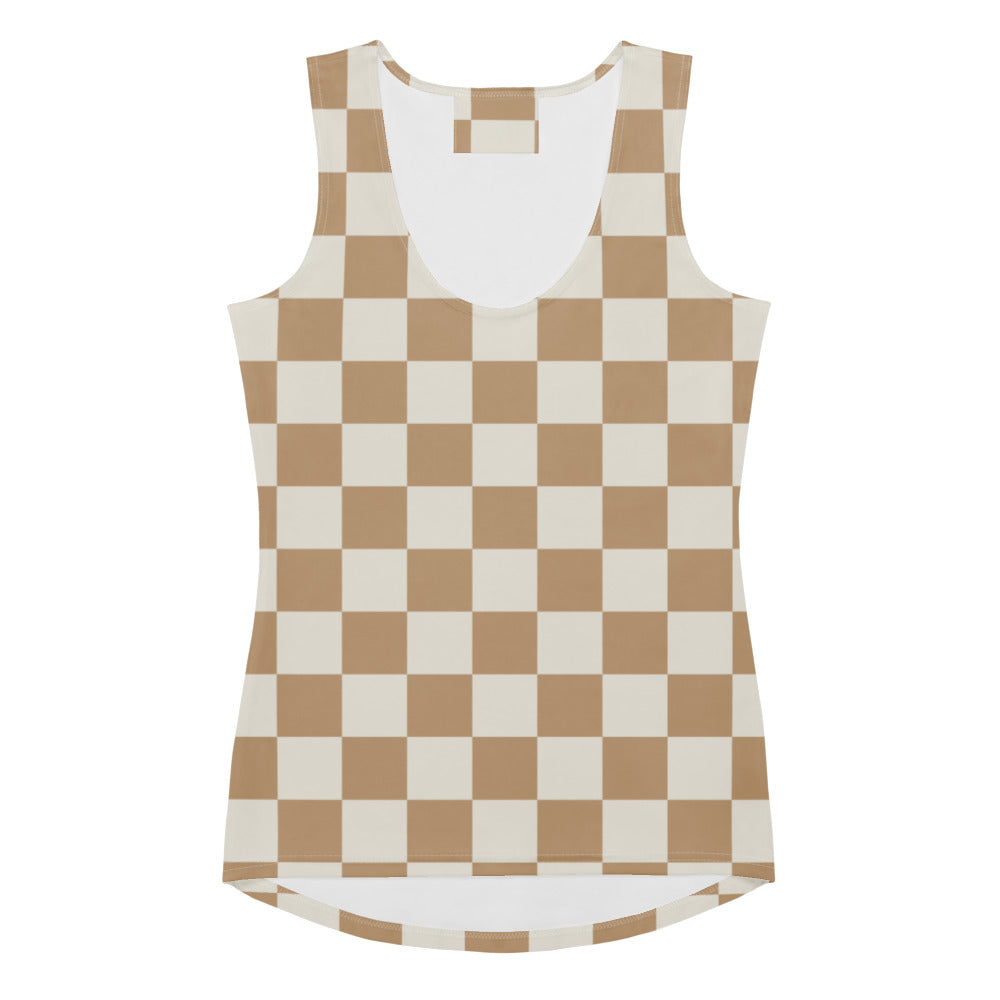 Women’s beige checkerboard tank top with quick drying buttery soft fabric and UPF 50 plus sun protection