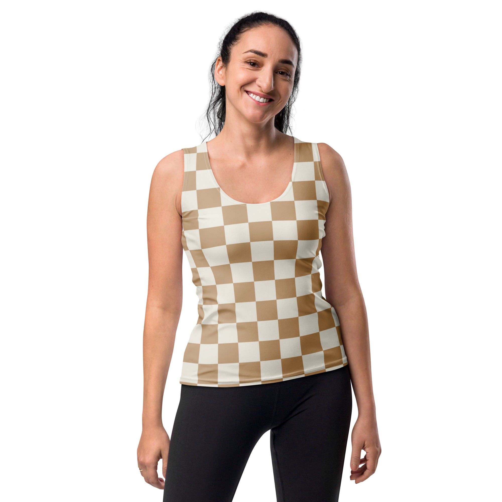 Women’s beige and white checkered sleeveless tank top with scoop neckline made from quick drying buttery soft fabric