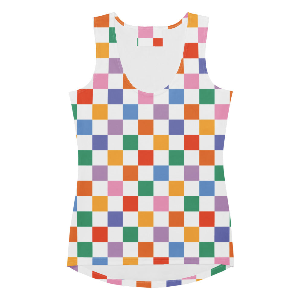 Women’s colorful checkerboard tank top with multicolored squares, quick drying, buttery soft fabric, and UPF 50+ protection