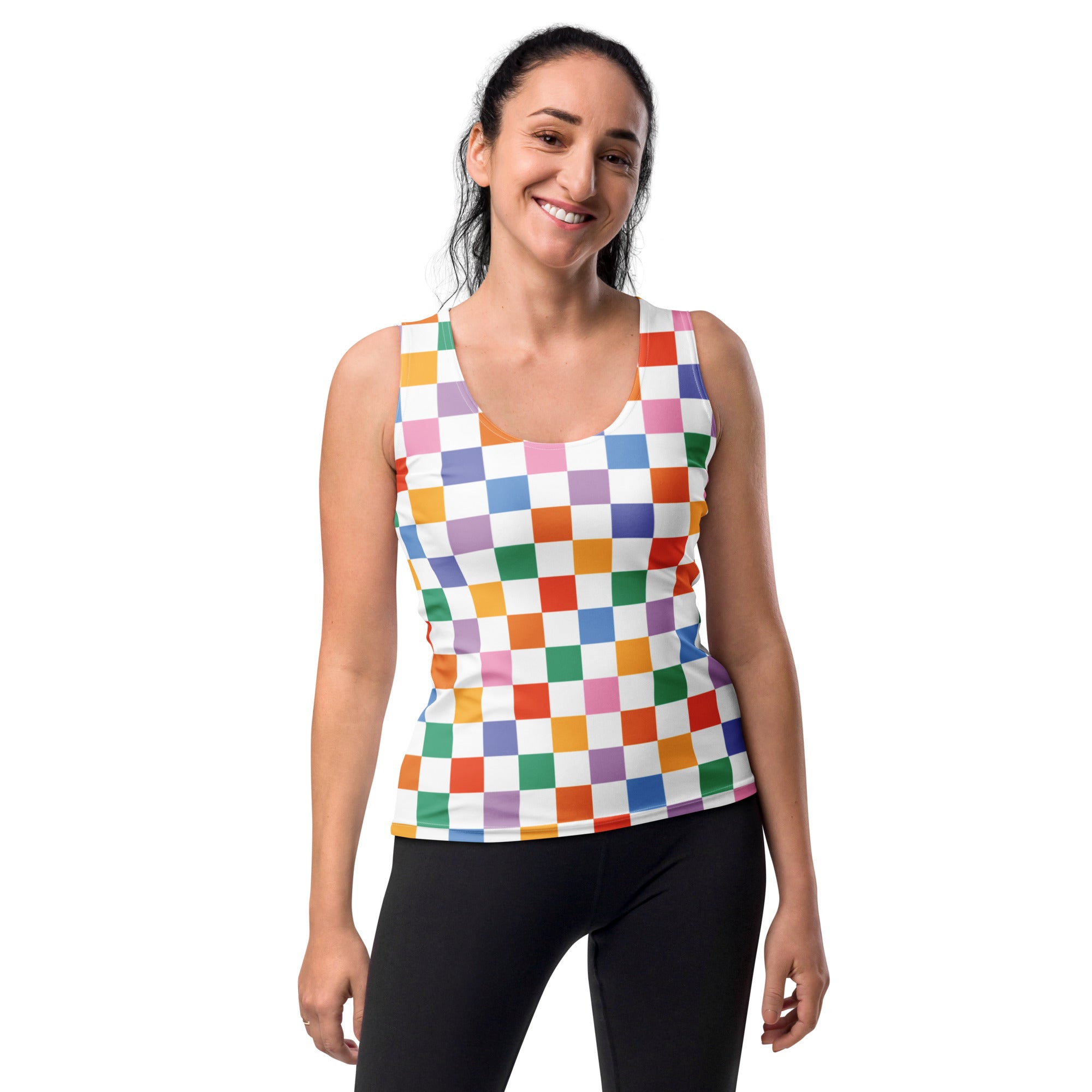 Women’s colorful checkerboard tank top with white base vibrant rainbow squares quick drying buttery soft fabric upf 50+