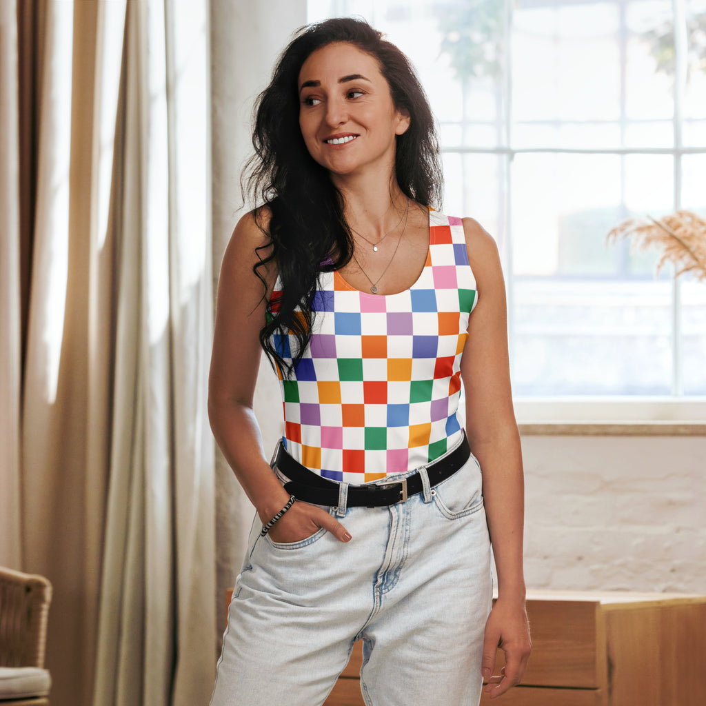A vibrant rainbow-colored checkered sleeveless top in quick drying buttery soft fabric with UPF 50+ protection