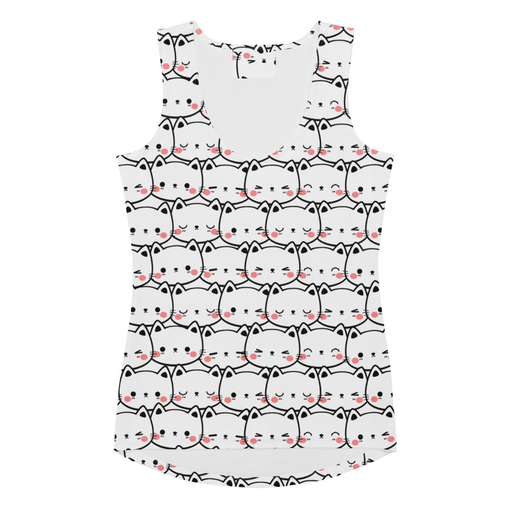 White women’s tank top with black-outlined cartoon cats with pink cheeks in quick drying buttery soft fabric with UPF 50+