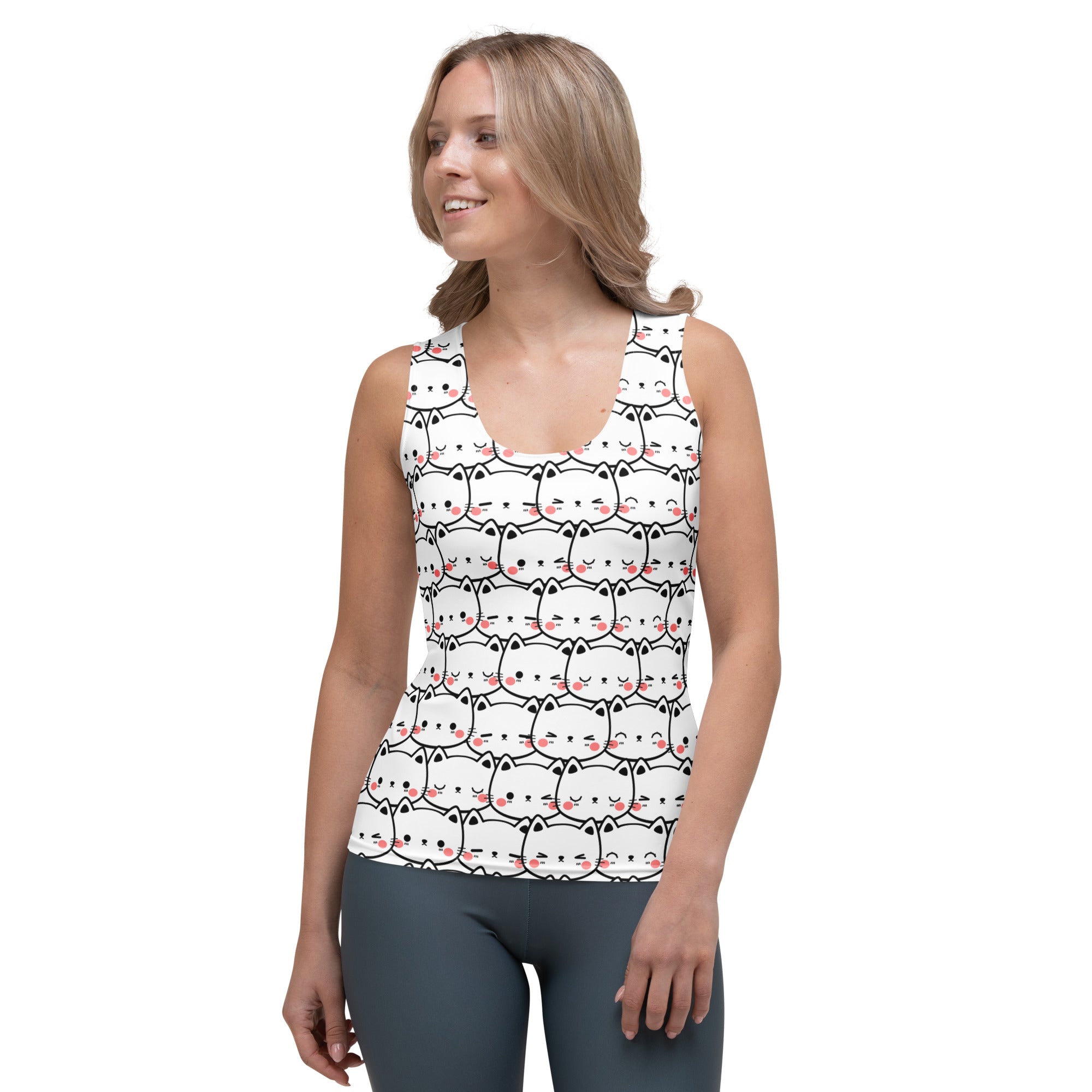 White tank top with black outlined cartoon cats and pink blush cheeks made of quick drying buttery soft fabric with upf 50+