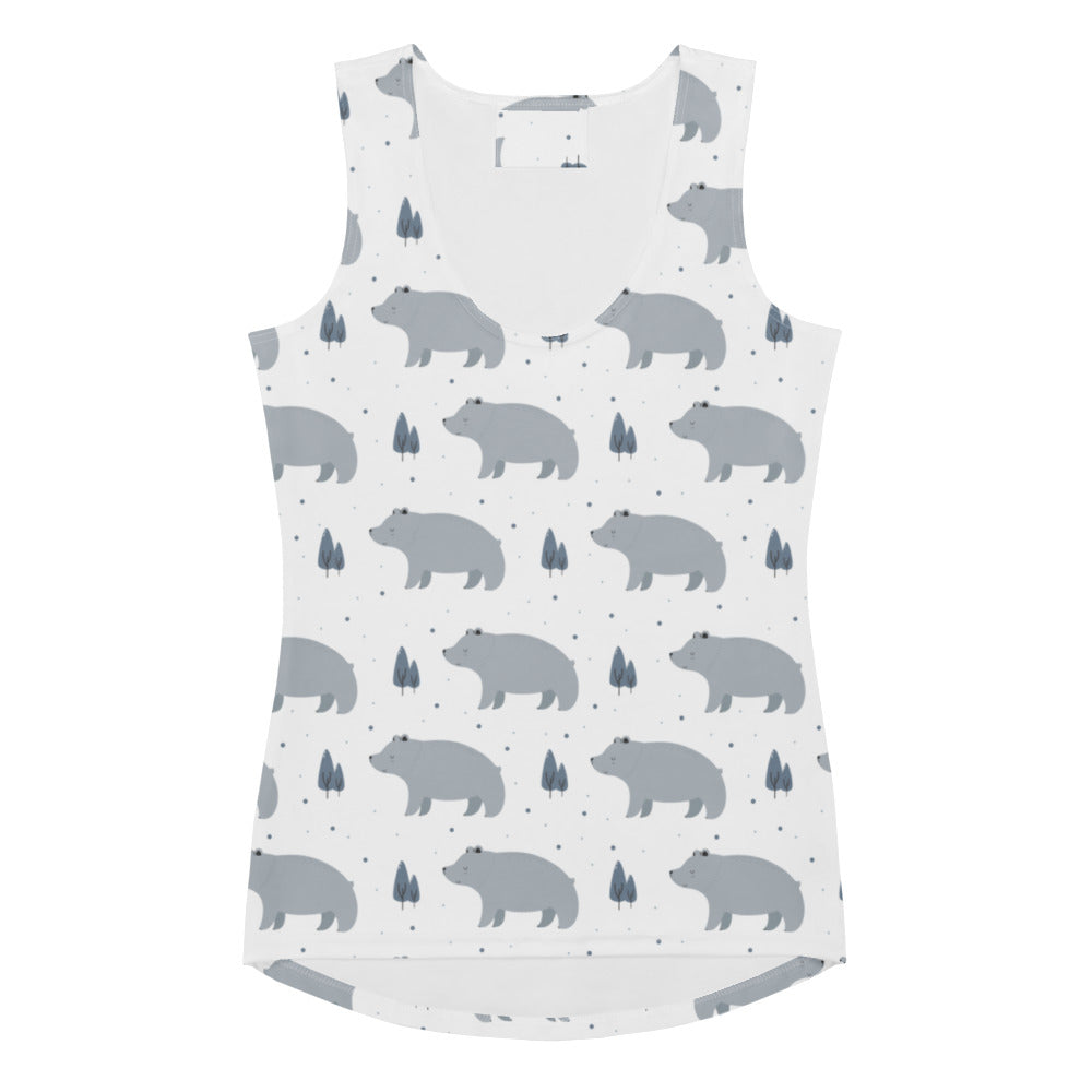 Women’s white sleeveless woodland bear tank top with gray bear and dark green tree pattern quick drying fabric upf 50+