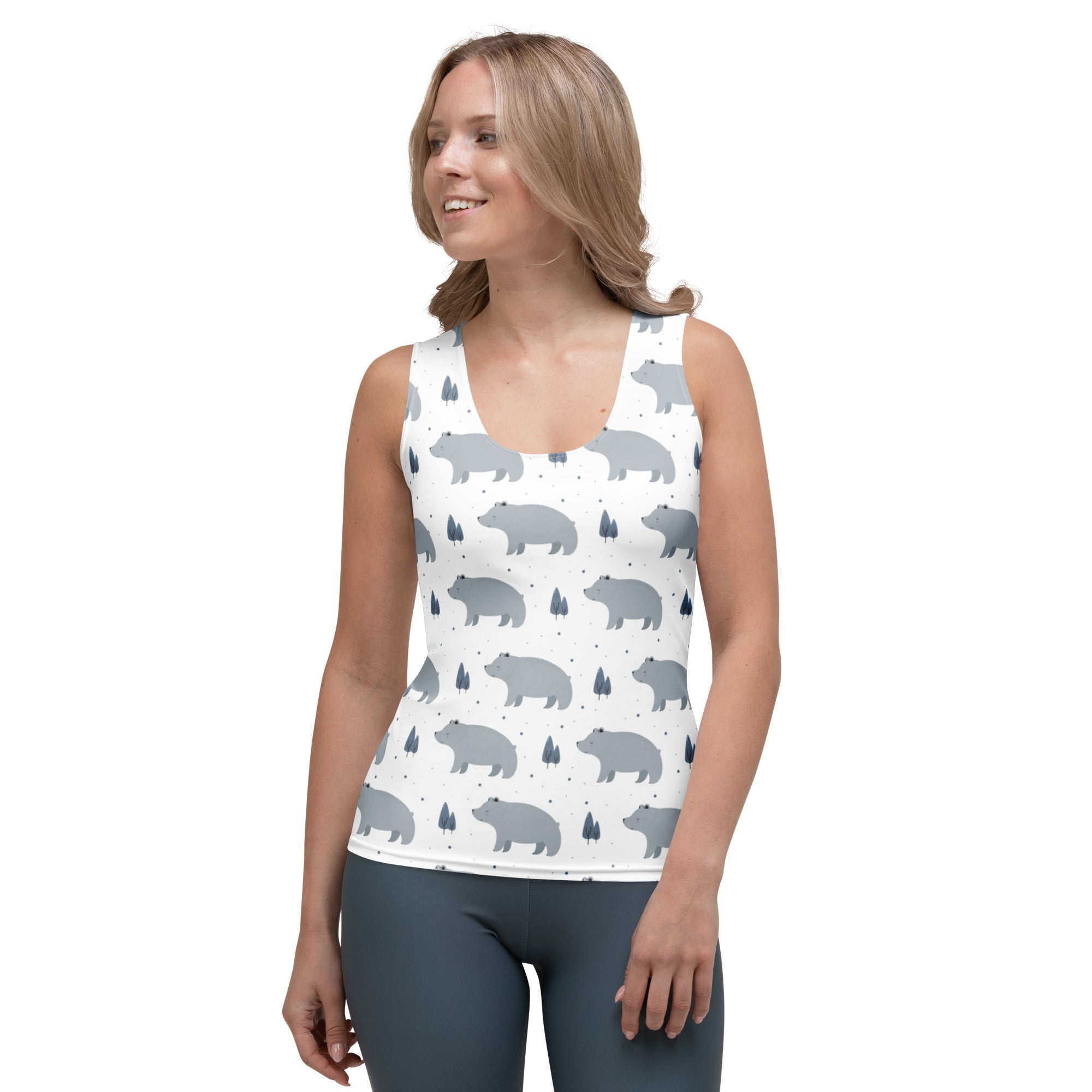 White women’s tank top with gray bear and tree pattern made of quick drying buttery soft fabric with upf 50+