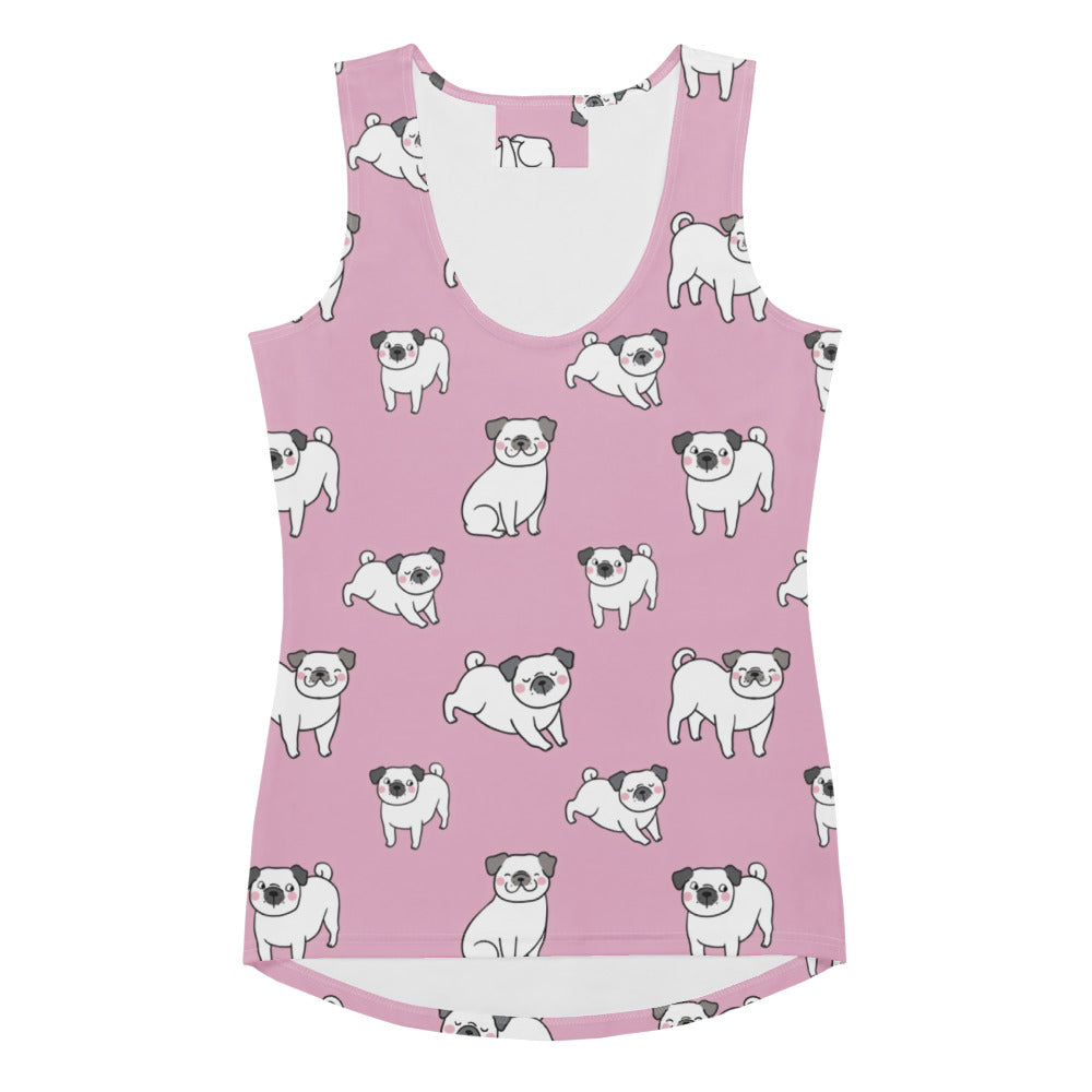 Women’s pink pug tank top with playful white pug print featuring quick drying buttery soft fabric and upf 50 plus protection