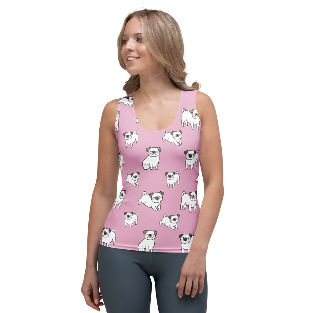 Women’s pink sleeveless tank top with playful white pug pattern made of quick drying buttery soft fabric with UPF 50+