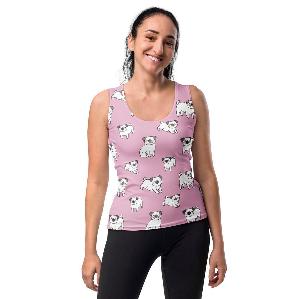 Women’s pink pug tank top made of quick drying buttery soft fabric with upf 50 plus featuring cartoon pug pattern
