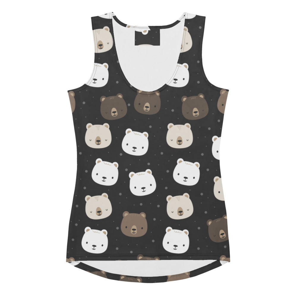 Women’s black bear face tank top with quick drying buttery soft fabric and upf 50 plus featuring white and brown bears
