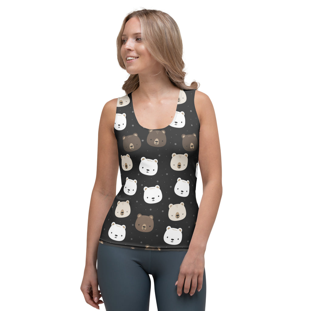 Black women’s bear face tank top with playful white and brown bear pattern quick drying buttery soft fabric upf 50+