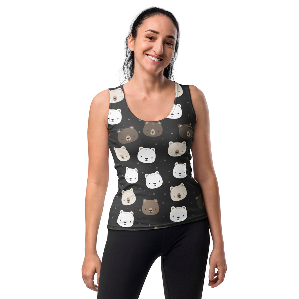 Women’s black bear face tank top with playful white and brown pattern quick drying buttery soft fabric upf 50+
