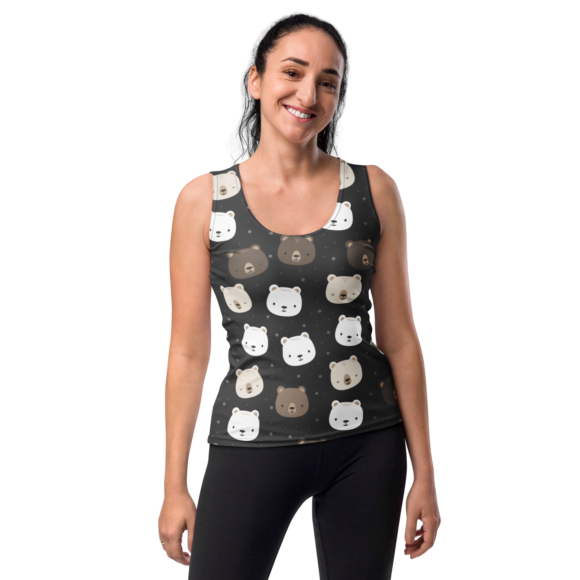 Women’s black bear face tank top with playful white and brown pattern quick drying buttery soft fabric upf 50+