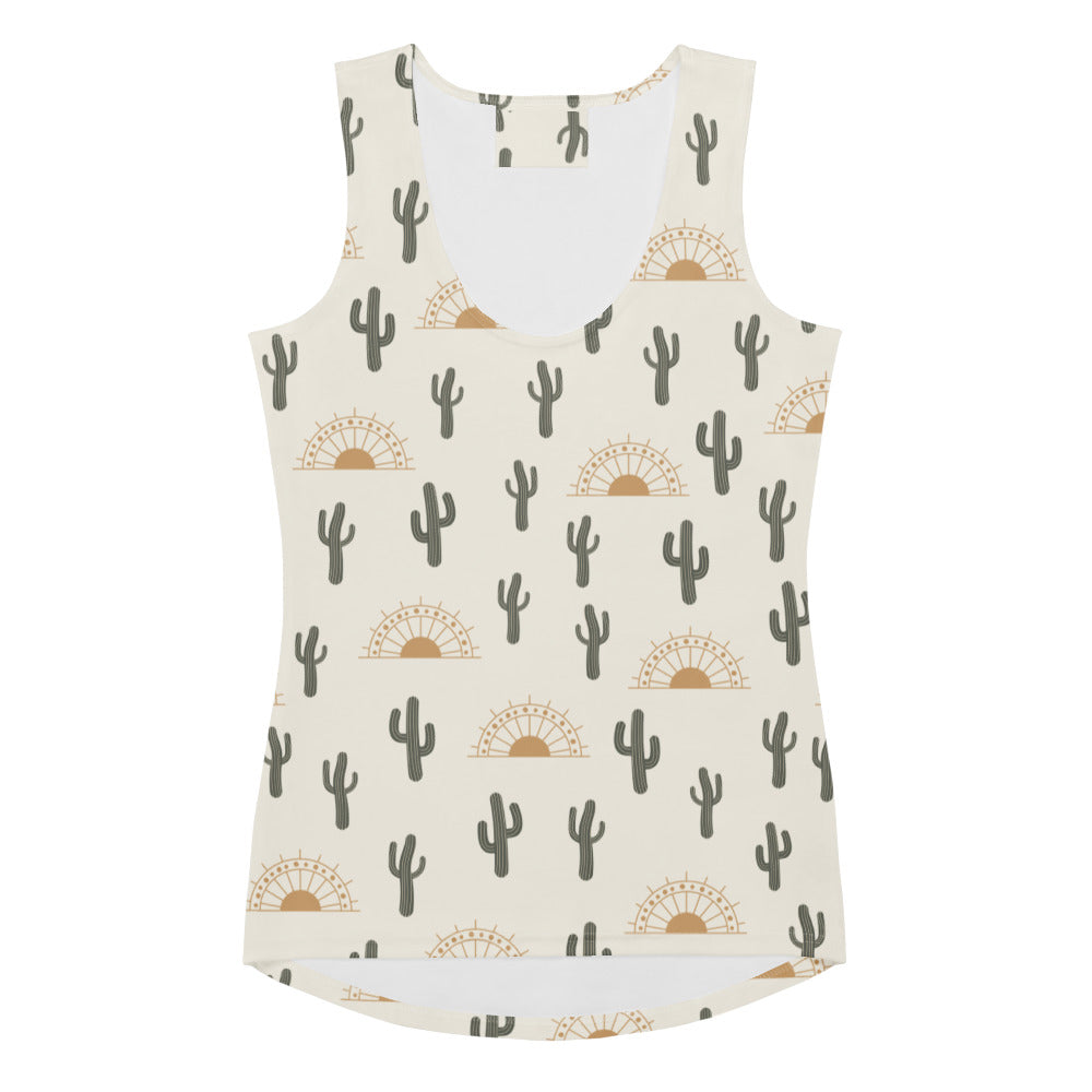 Cream-colored women’s cactus desert sunrise tank top with dark green cacti pattern made of buttery soft quick drying fabric with UPF 50+