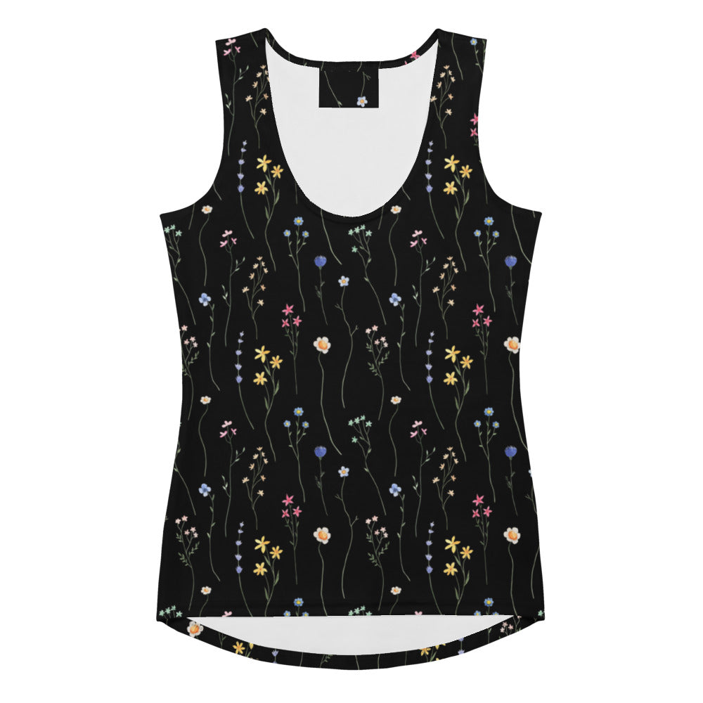 Women’s black wildflower tank top with delicate pastel floral print quick drying buttery soft fabric upf 50+