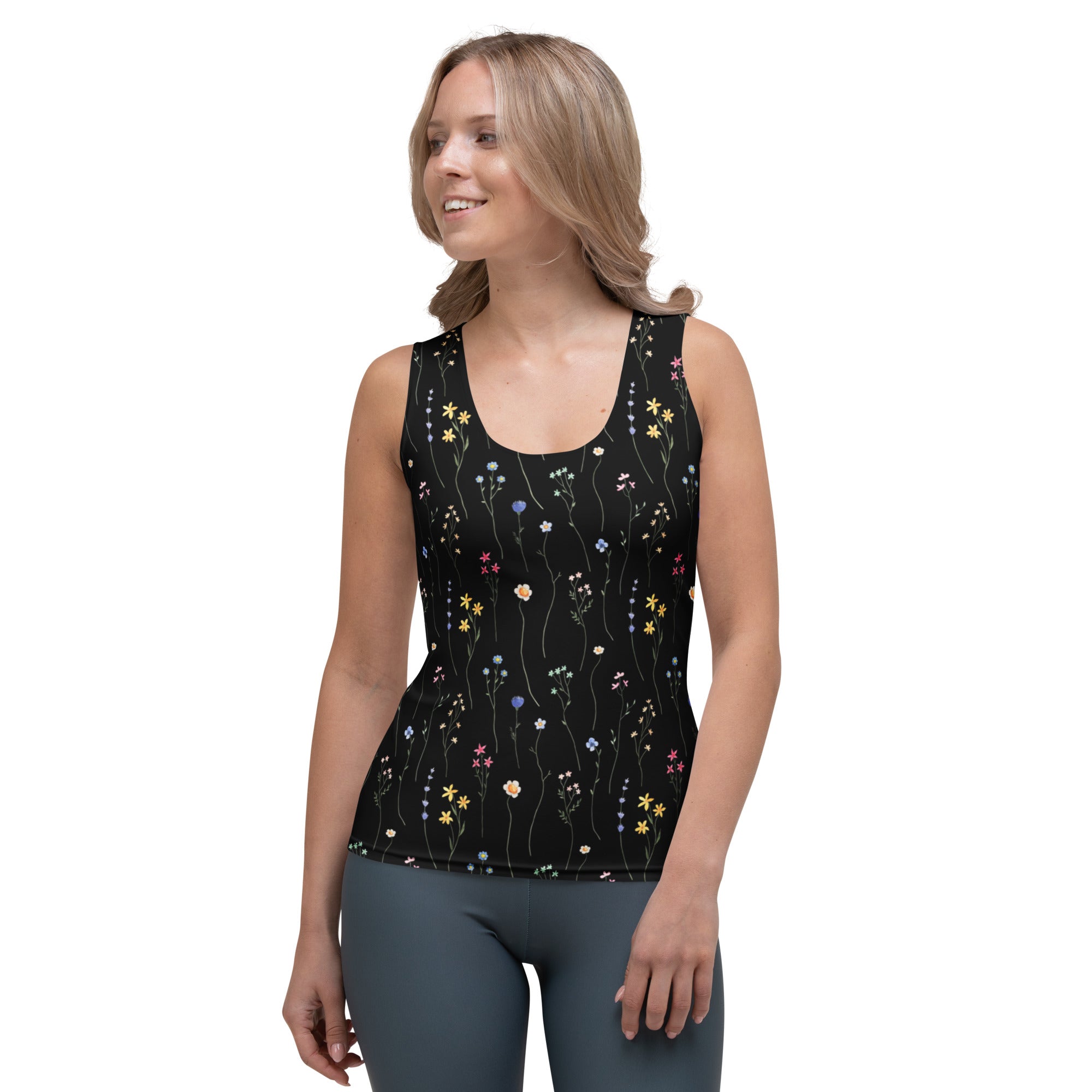 Women’s black wildflower tank top with delicate yellow pink and purple floral print made of quick drying soft fabric with UPF 50+