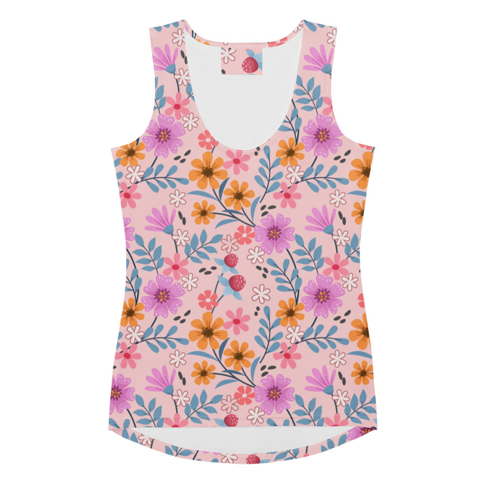 Women’s pink floral tank top with vibrant flowers and strawberries in buttery soft quick-drying fabric with UPF 50+