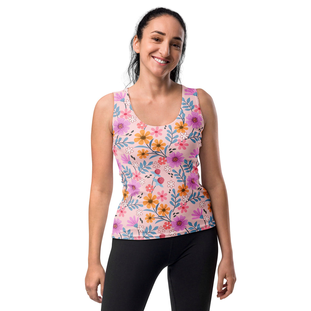 Women’s pink floral tank top with vibrant purple orange and blue flowers quick drying buttery soft fabric upf 50+