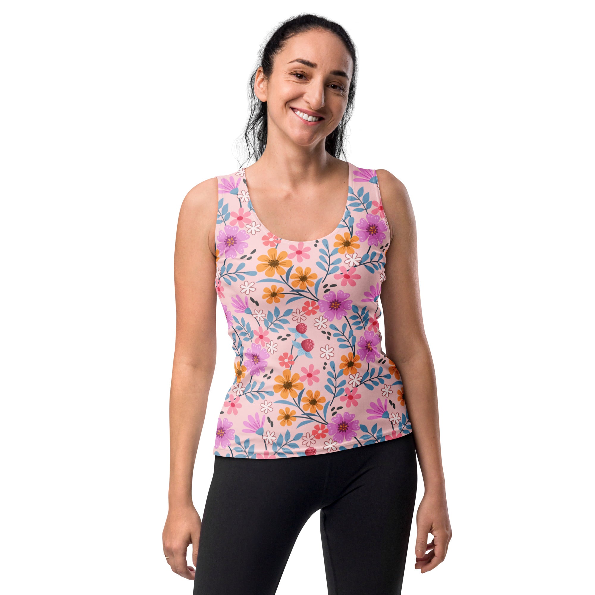 Women’s pink floral tank top with vibrant purple orange and blue flowers quick drying buttery soft fabric upf 50+